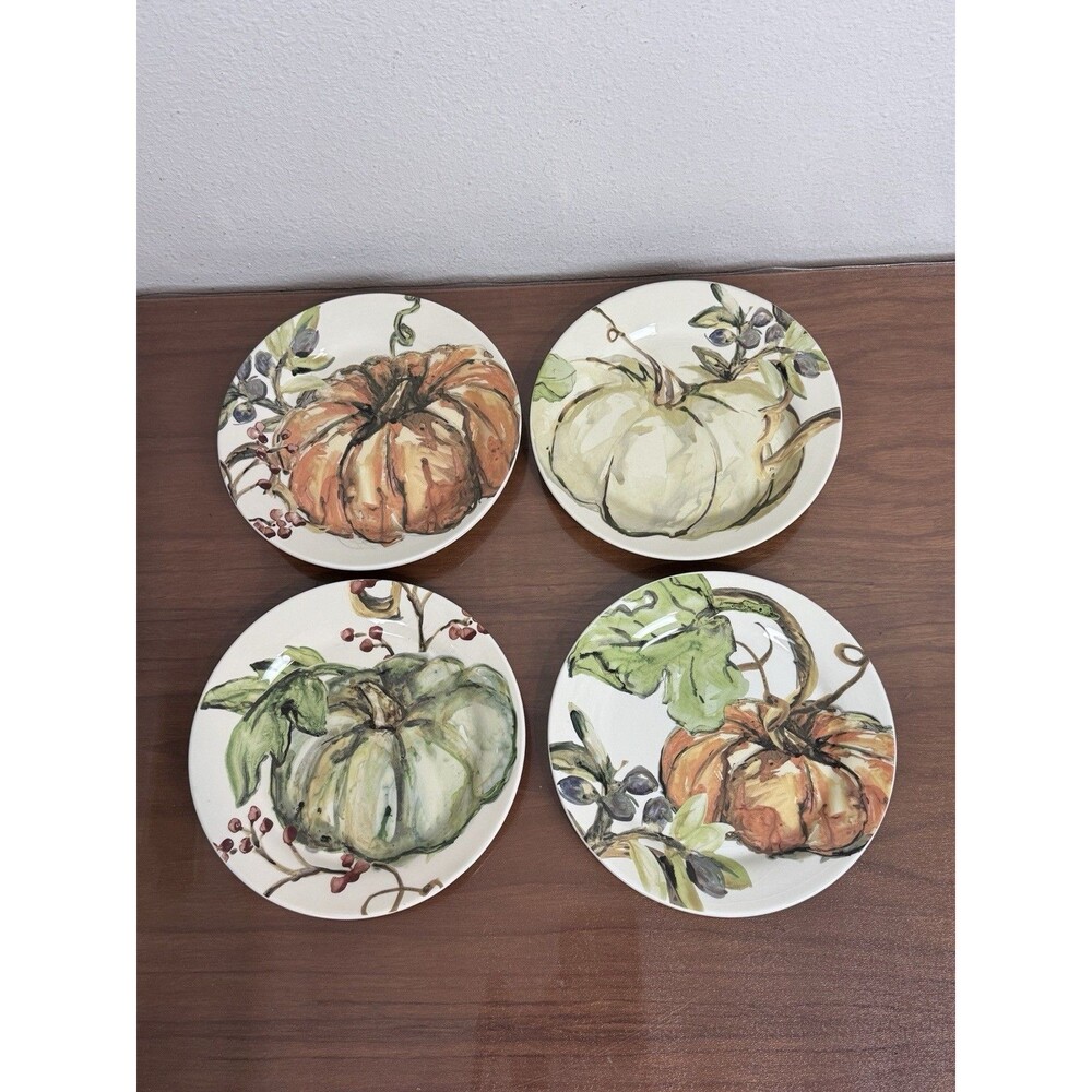 Pottery Barn Harvest Pumokin 8” Salad Plates Set Of 4 EUC